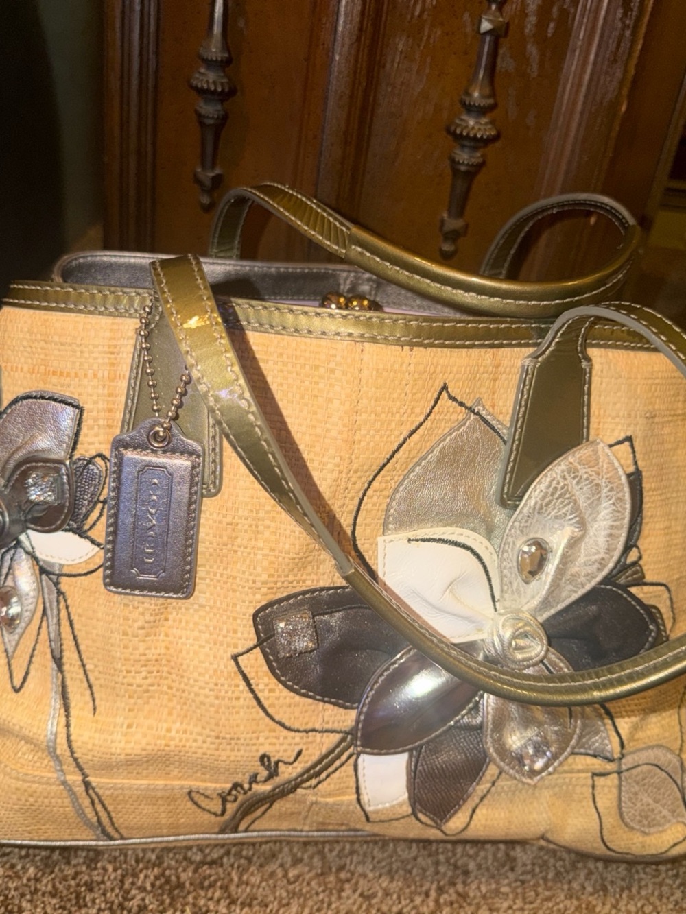 Coach Floral Applique Straw Tote in Tan and Olive